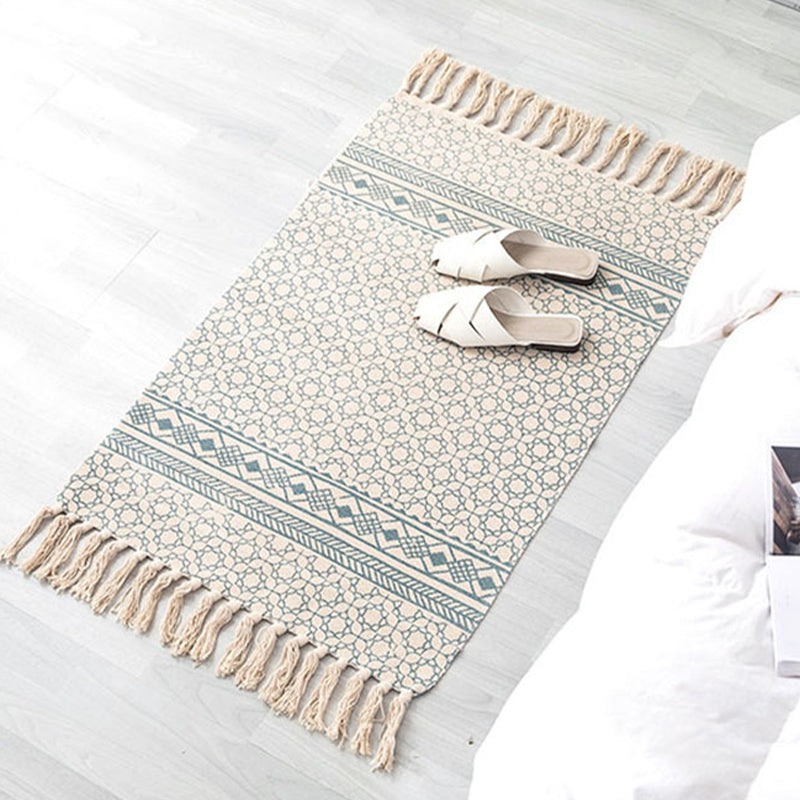 Contemporary Carpet Geometric Print Cotton Linen Area Carpet Rectangle Bedroom Tassel Rug