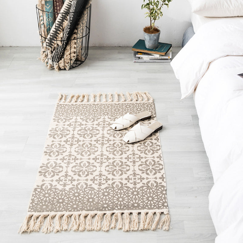Contemporary Carpet Geometric Print Cotton Linen Area Carpet Rectangle Bedroom Tassel Rug