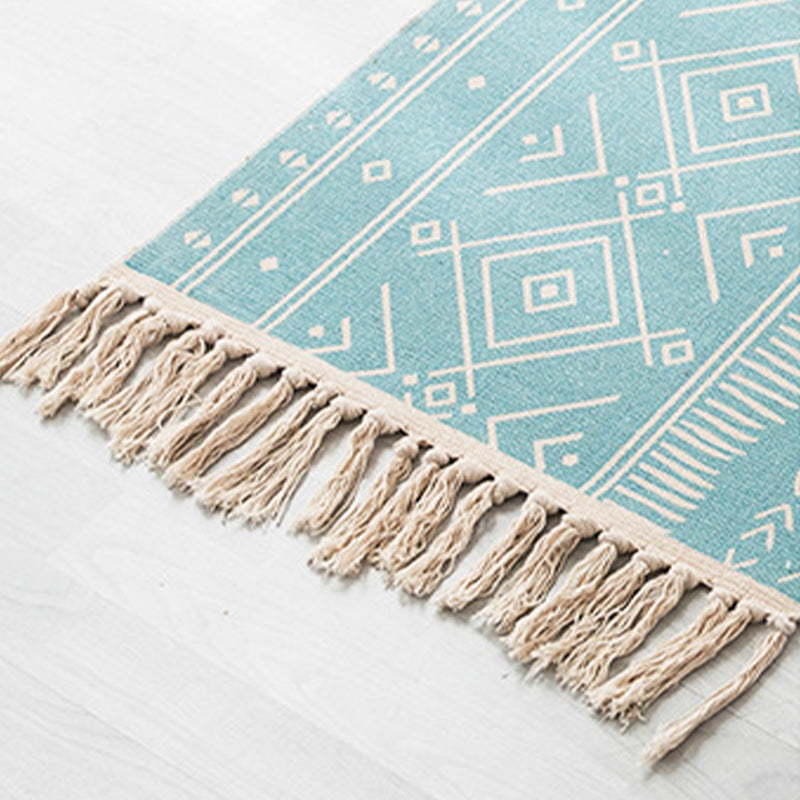 Contemporary Carpet Geometric Print Cotton Linen Area Carpet Rectangle Bedroom Tassel Rug