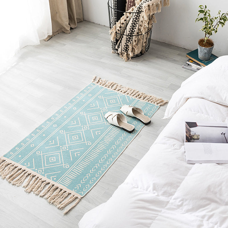 Contemporary Carpet Geometric Print Cotton Linen Area Carpet Rectangle Bedroom Tassel Rug
