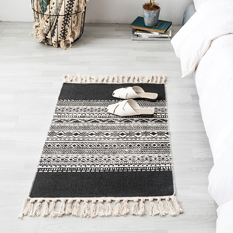 Contemporary Carpet Geometric Print Cotton Linen Area Carpet Rectangle Bedroom Tassel Rug