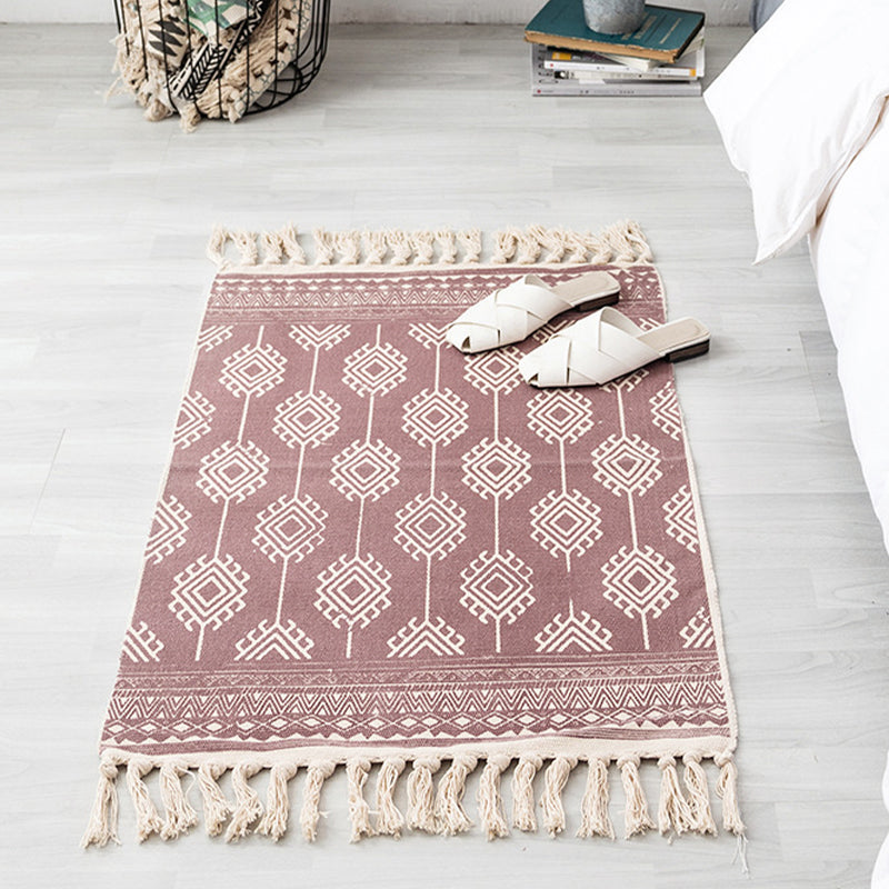 Contemporary Carpet Geometric Print Cotton Linen Area Carpet Rectangle Bedroom Tassel Rug