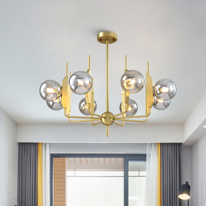 8-Light Living Room Chandelier Lighting Post Modern Gold Ceiling Lamp with Ball Milk White/Smoke Gray Glass Shade