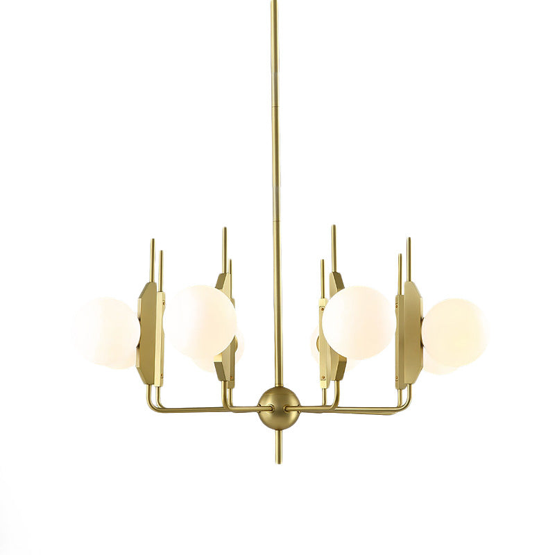 Lampada del lampadario a 8 luci del soggiorno Post Modern Gold Affermazione Gold con sfera di vetro bianco/fumo grigio.