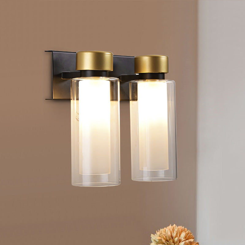 Brass Dual Cylinder Sconce Light Fixture Post-Modern 2 Bulbs Clear Glass LED Wall Mount Lamp
