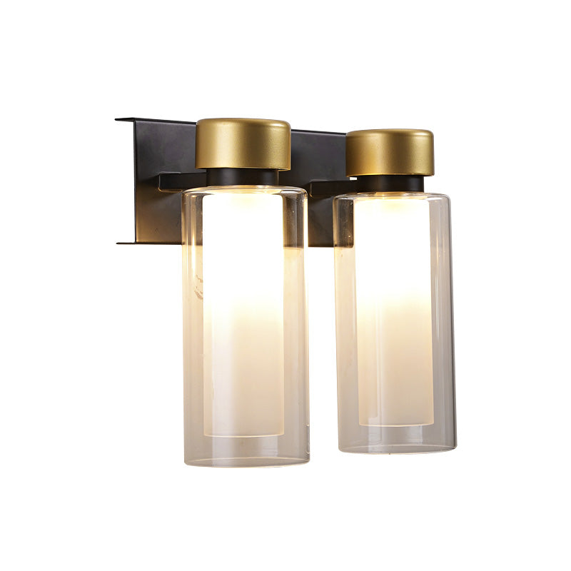 Brass Dual Cylinder Sconce Light Fixture Post-Modern 2 Bulbs Clear Glass LED Wall Mount Lamp