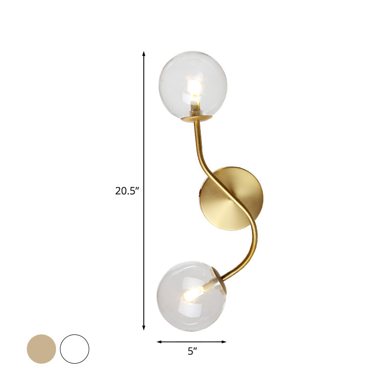Ball Stairway Wall Mount Light Clear/Tan Glass 2-Light Post Modern LED Wall Lamp Sconce in Brass