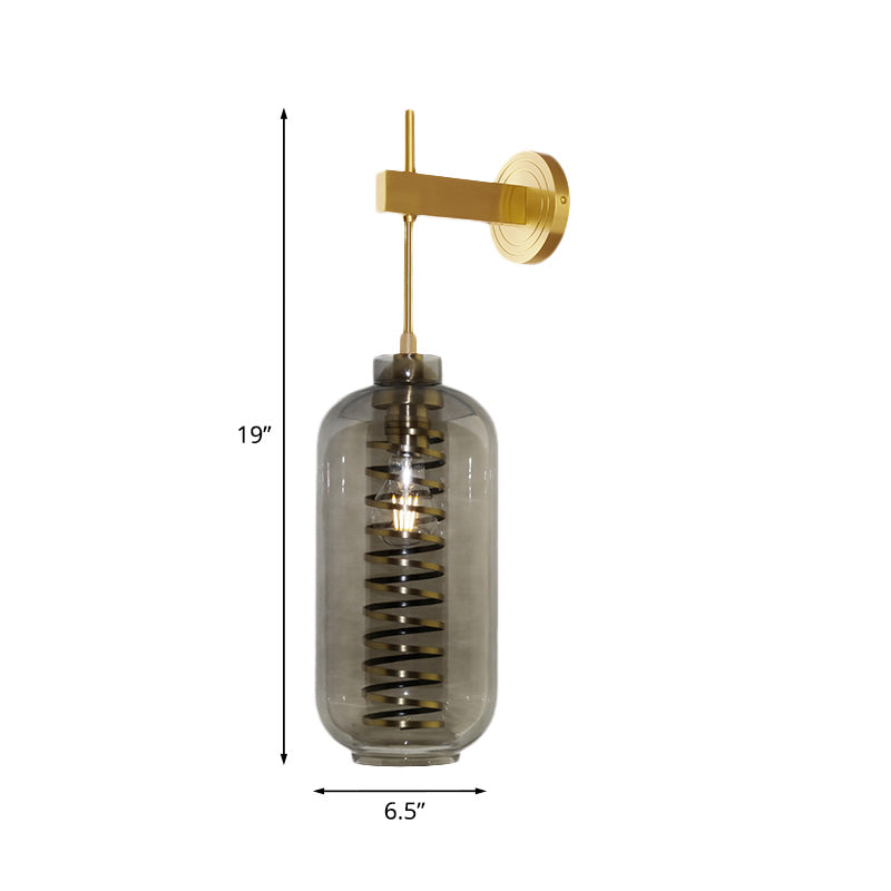 Smoke Gray Glass Cylinder Wall Sconce Light Post-Modern 1 Head Wall Mounted Lamp in Brass