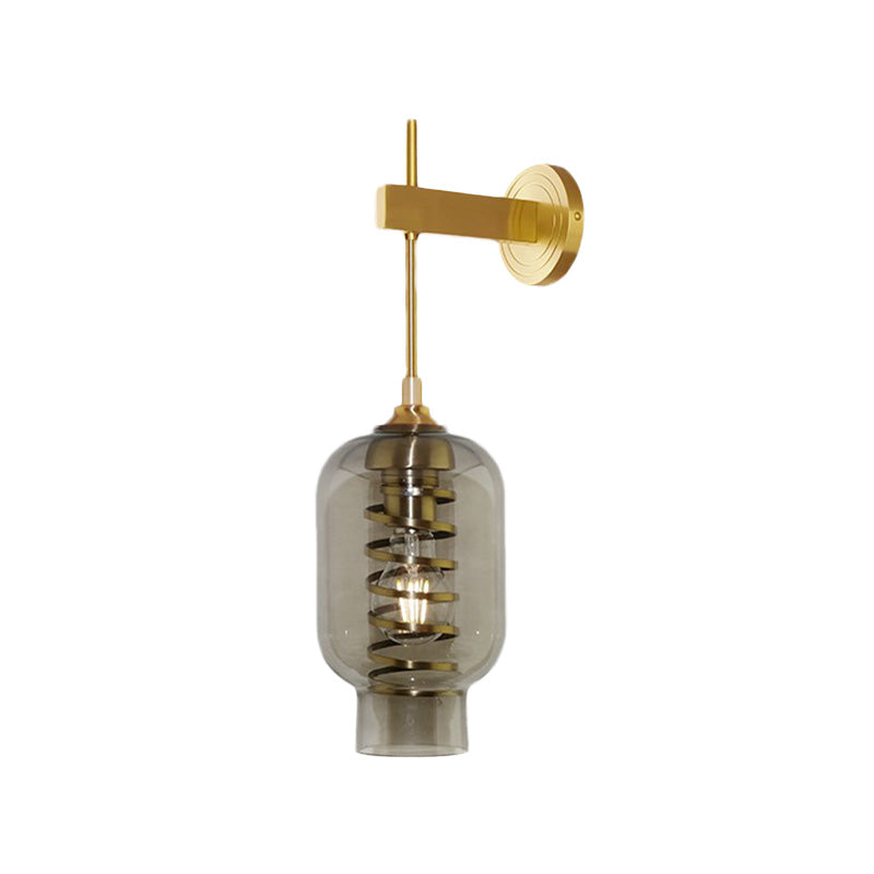 Lantern Smoke Gray Glass Wall Lighting Postmodern 1 Bulb Brass Wall Lamp Sconce for Tea Room