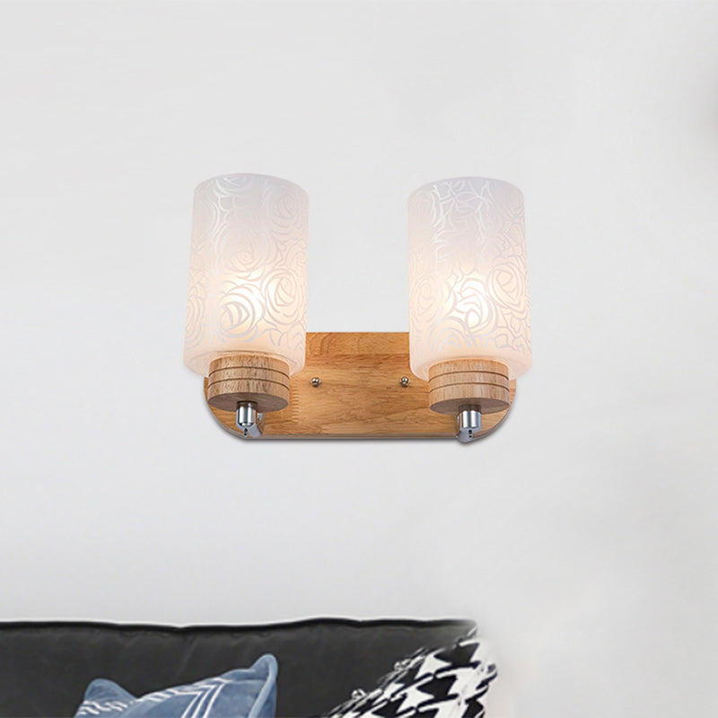 White Glass Cylinder Wall Light Sconce Modern 2 Heads Wood Wall Mount Lamp Fixture with Rose Pattern