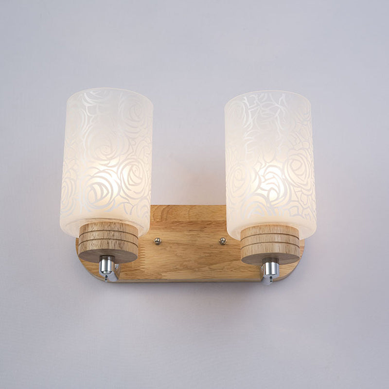 White Glass Cylinder Wall Light Sconce Modern 2 Heads Wood Wall Mount Lamp Fixture with Rose Pattern