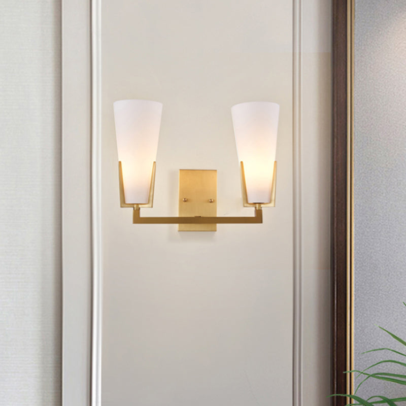 Cone Bedside Sconce Lighting White Glass 2 Bulbs Post Modern Wall Mounted Lamp in Brass
