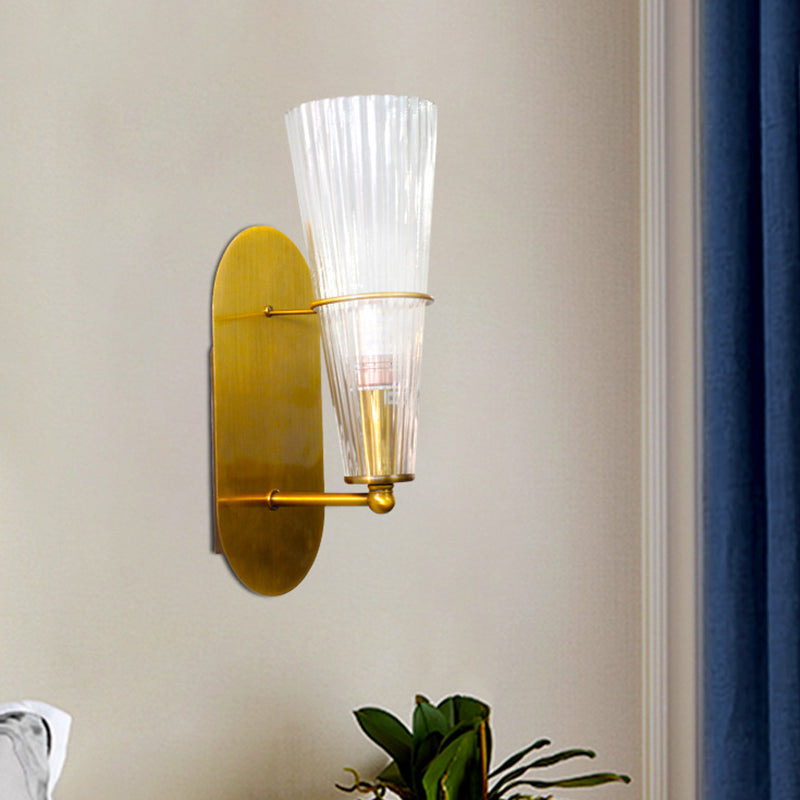 Post Modern 1 Bulb Wall Sconce with Clear Ribbed Glass Shade Gold Finish Cone Wall Lighting
