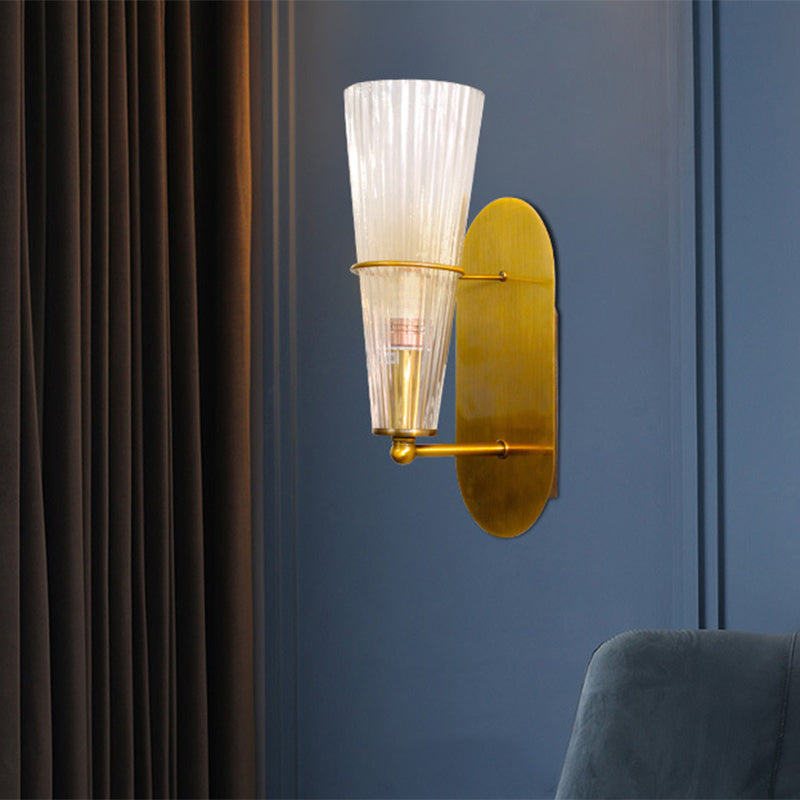 Post Modern 1 Bulb Wall Sconce with Clear Ribbed Glass Shade Gold Finish Cone Wall Lighting