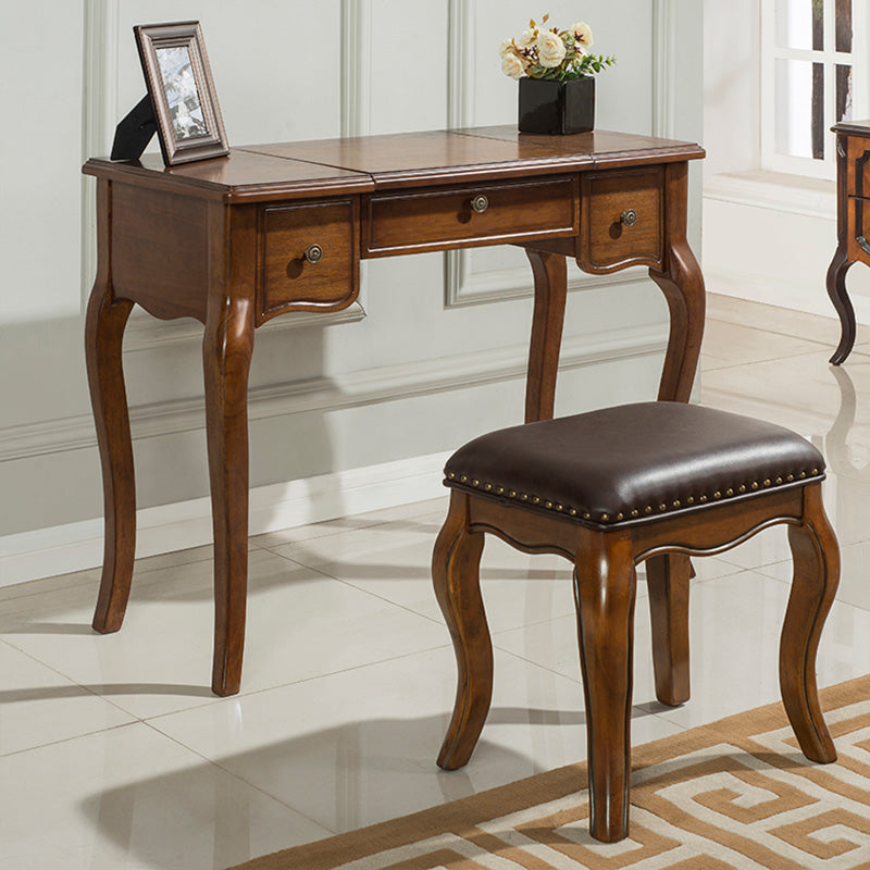 Traditional Standing Espresso Solid Wood 3 Drawer Mirror Bedroom Dressing Table