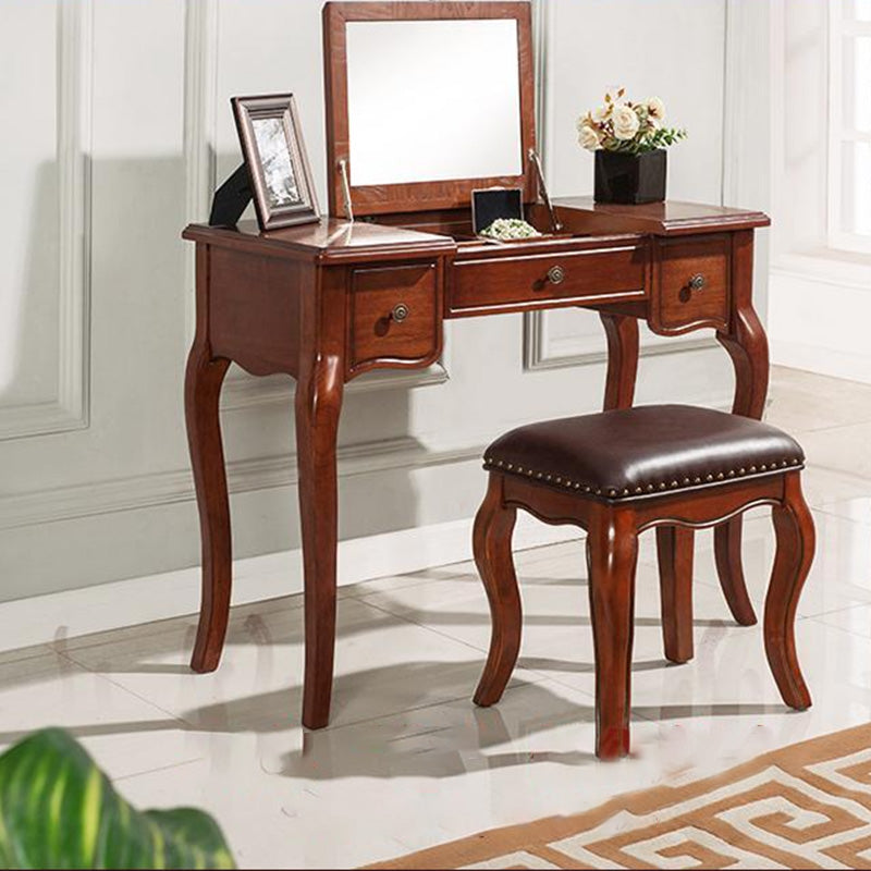 Traditional Standing Espresso Solid Wood 3 Drawer Mirror Bedroom Dressing Table
