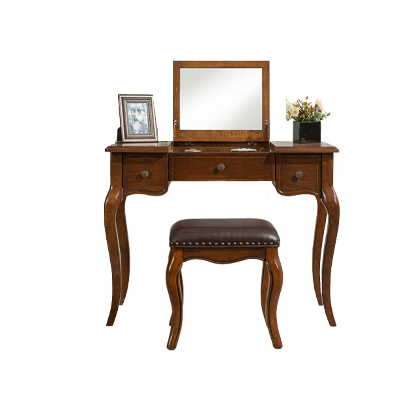 Traditional Standing Espresso Solid Wood 3 Drawer Mirror Bedroom Dressing Table