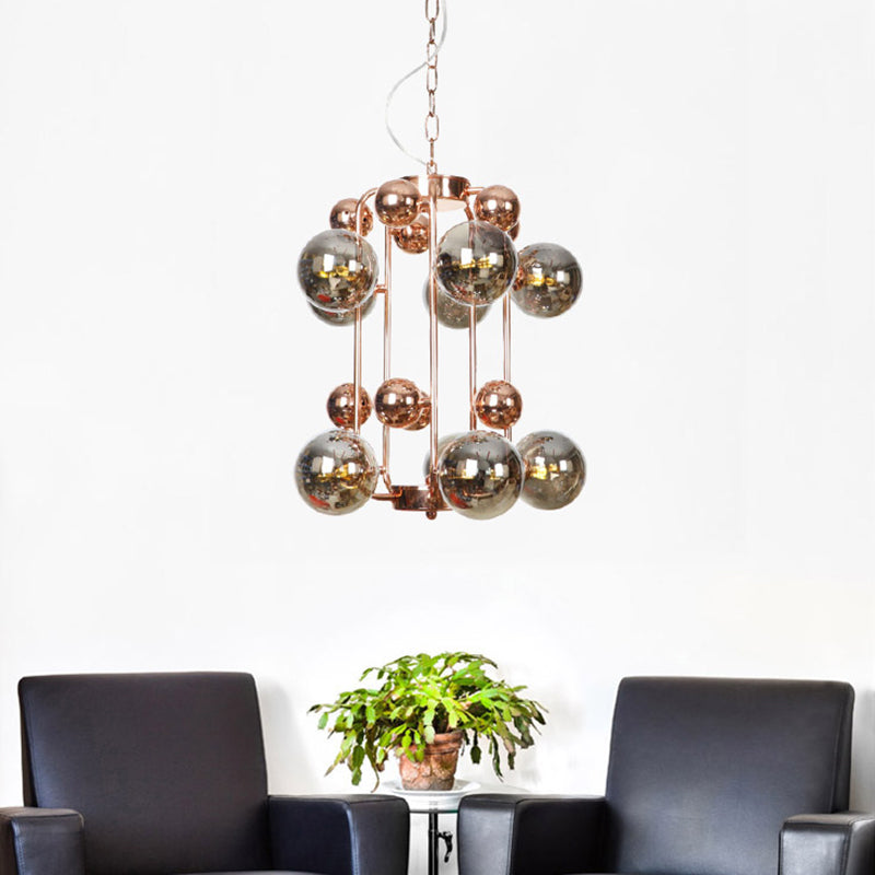 Ball Hanging Chandelier Modernist Smoke Gray/Amber Glass 10-Light Rose Gold Ceiling Suspension Lamp with Frame