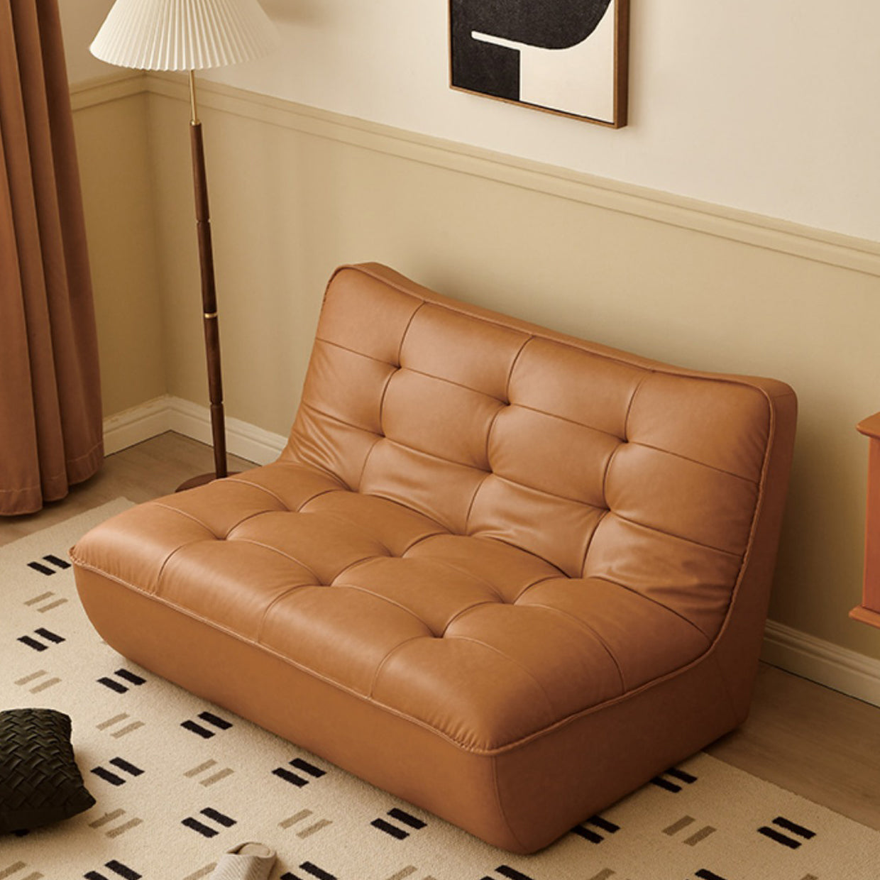 Armless Faux Leather Sofa Mid Century Modern Tufted Back Sofa