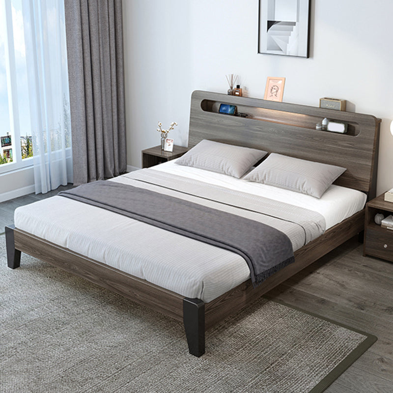 Wood Standard Bed in Gray Panel Bed with Rectangular Headboard