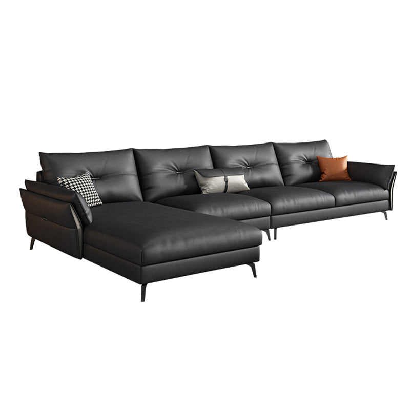 Mid Century Faux Leather Sectional Flared Arm Sectional Set in Black