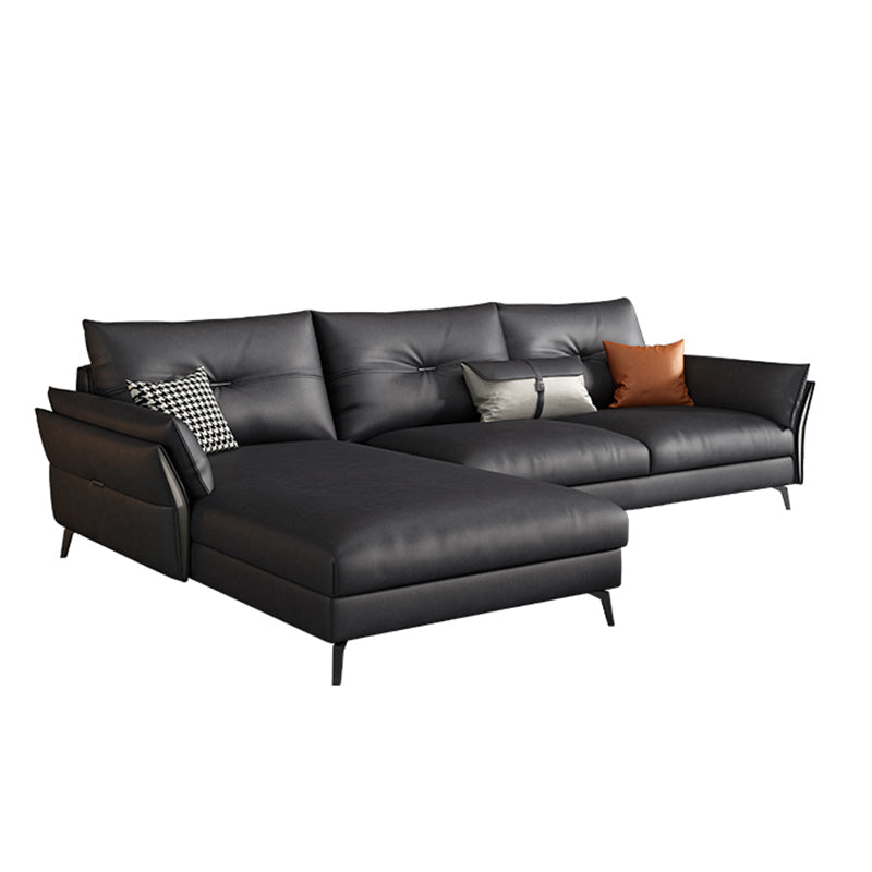 Mid Century Faux Leather Sectional Flared Arm Sectional Set in Black