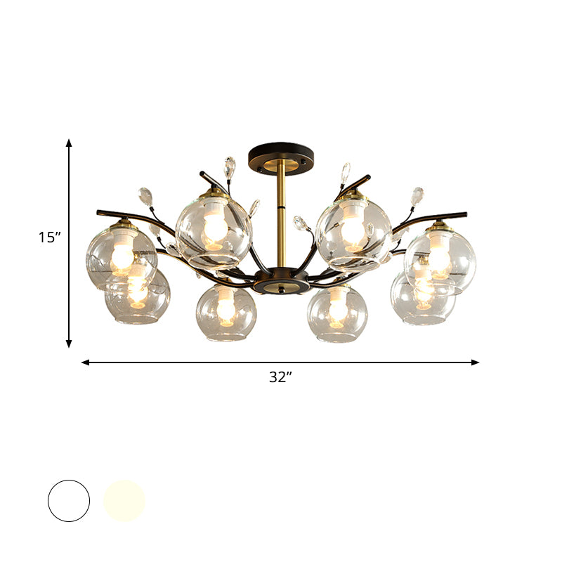 Sahne/klares Glas Global Semi Flush Mount Moderne 8-Bulb Schwarz und Goldspülendedecke mit Kristallakzent