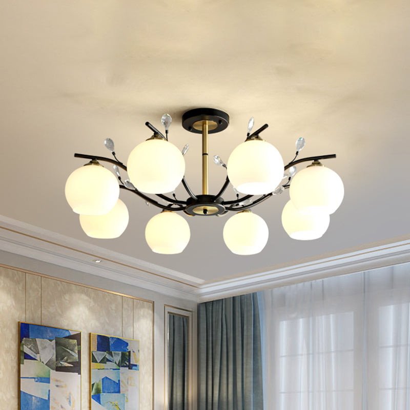 Sahne/klares Glas Global Semi Flush Mount Moderne 8-Bulb Schwarz und Goldspülendedecke mit Kristallakzent