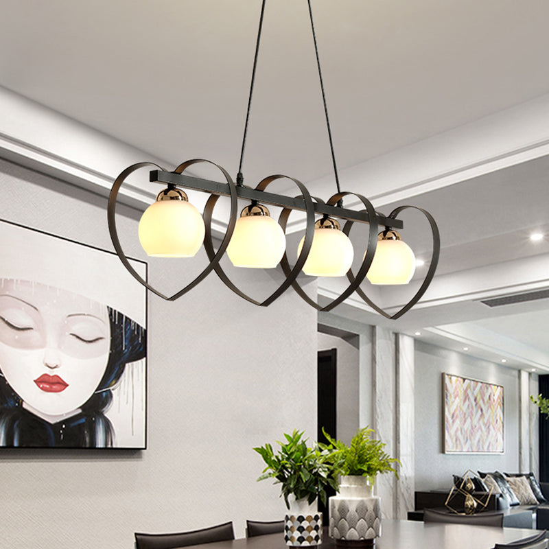 Opal Glass Global Island Lighting Contemporary 3/4 Luci bianca/Nera Lampada a soffitto appesa con telaio cardiaco amorevole