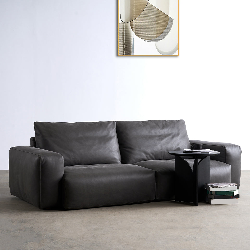 Mid Century Modern Sofa Leather Square Arm Sofa in Deep Grey