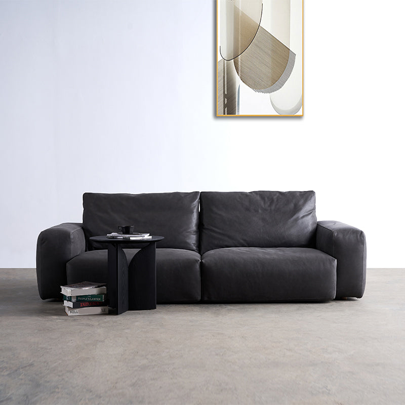 Mid Century Modern Sofa Leather Square Arm Sofa in Deep Grey