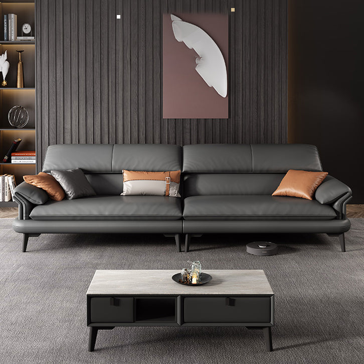 Scandinavian Sofa Genuine Leather Dark Gray Cushions Pillow Top Arm Seating