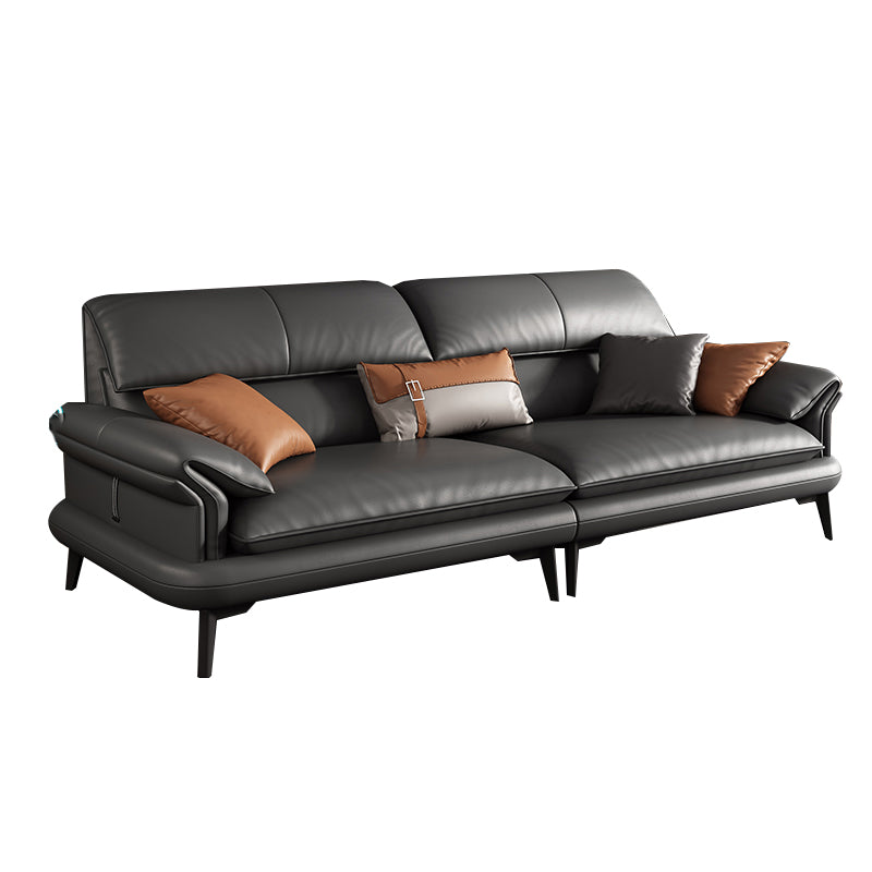 Scandinavian Sofa Genuine Leather Dark Gray Cushions Pillow Top Arm Seating