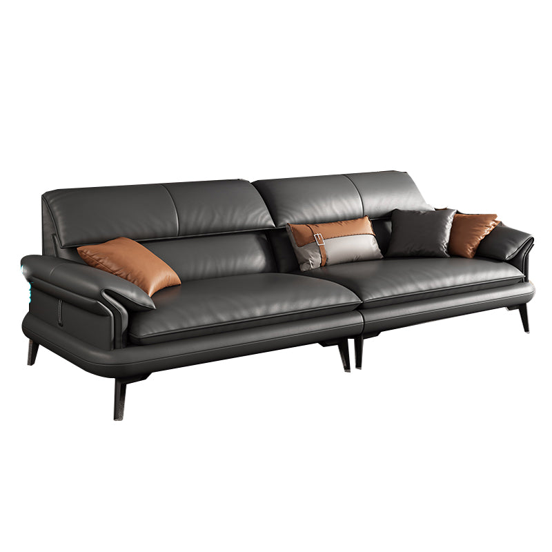 Scandinavian Sofa Genuine Leather Dark Gray Cushions Pillow Top Arm Seating