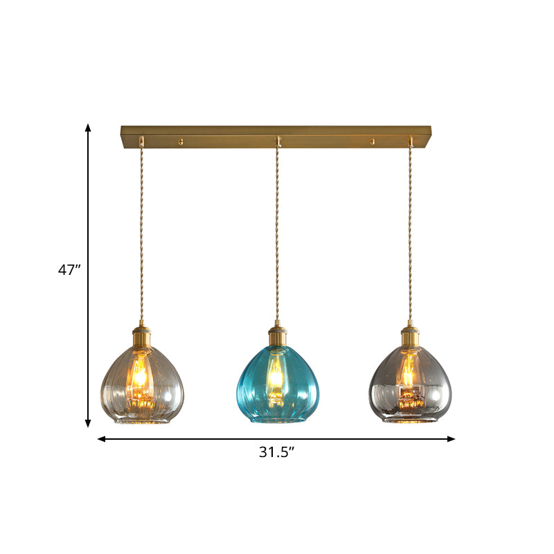 Tan-blu-grigio-grigio vetro Multifiling Light Light Vintage 3-Bulb Lampada a sospensione in ottone con baldacchino lineare/rotondo
