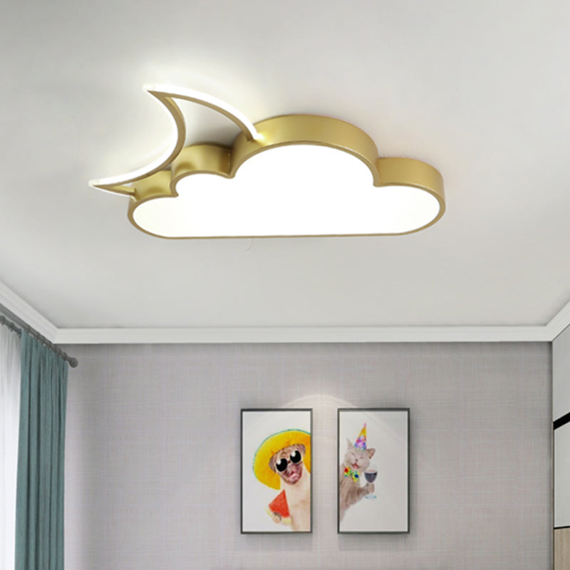 Kids LED Flush Mount Lamp Pink/Gold/Blue Crescent Hiding Behind A Cloud Ceiling Fixture with Acrylic Shade