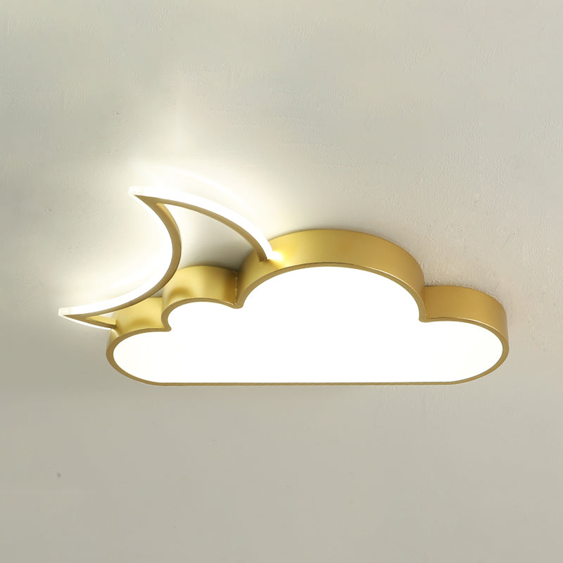 Kids LED Flush Mount Lamp Pink/Gold/Blue Crescent Hiding Behind A Cloud Ceiling Fixture with Acrylic Shade