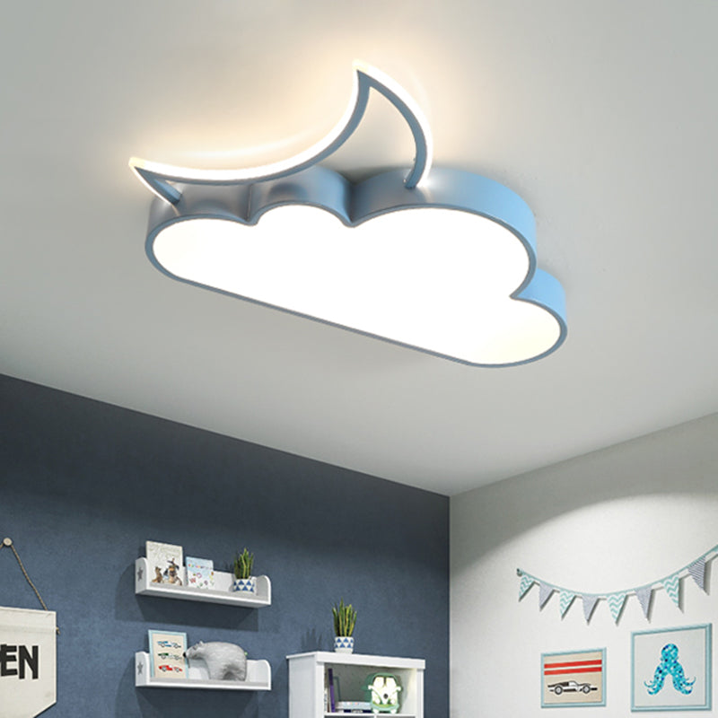 Kids LED Flush Mount Lamp Pink/Gold/Blue Crescent Hiding Behind A Cloud Ceiling Fixture with Acrylic Shade