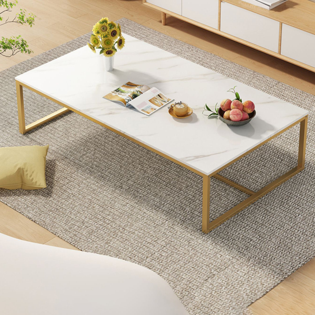 Rectangular Wooden Top Coffee Table Steel Trestle Base Cocktail Table