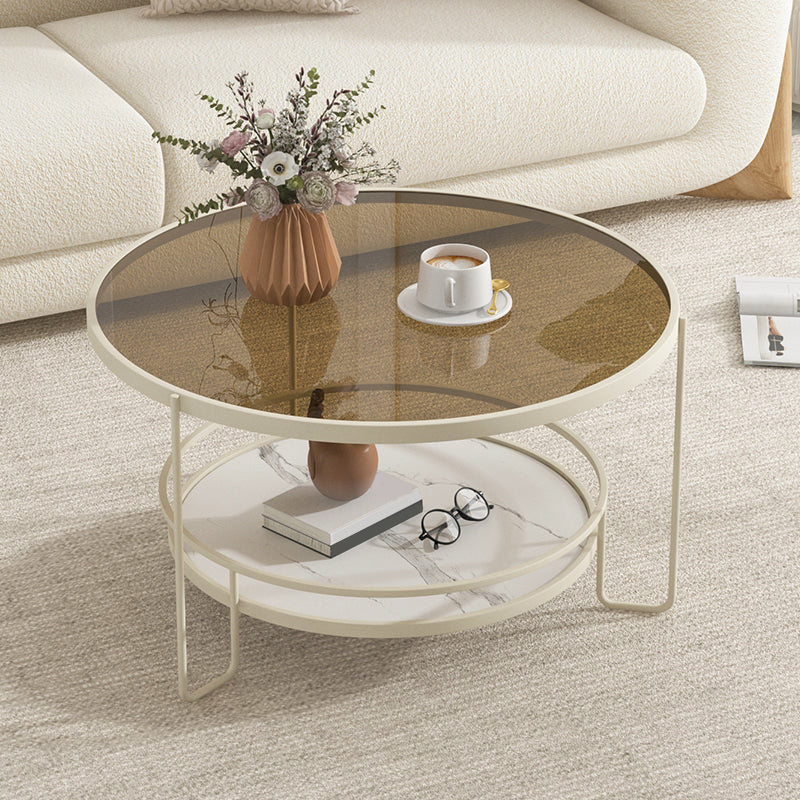 3 Legs Round Cocktail Table Glass Top Coffee Table with Shelf