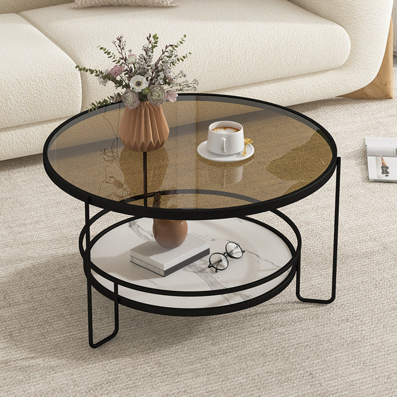 3 Legs Round Cocktail Table Glass Top Coffee Table with Shelf
