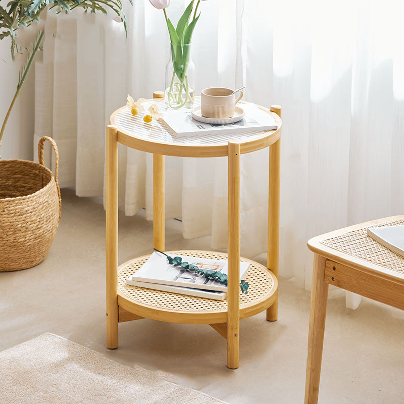 Wood 4 Legs Cocktail Table Round Glass Top Coffee Table with Shelf