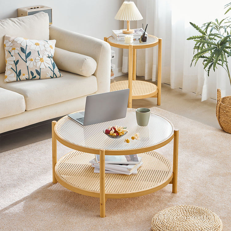 Wood 4 Legs Cocktail Table Round Glass Top Coffee Table with Shelf