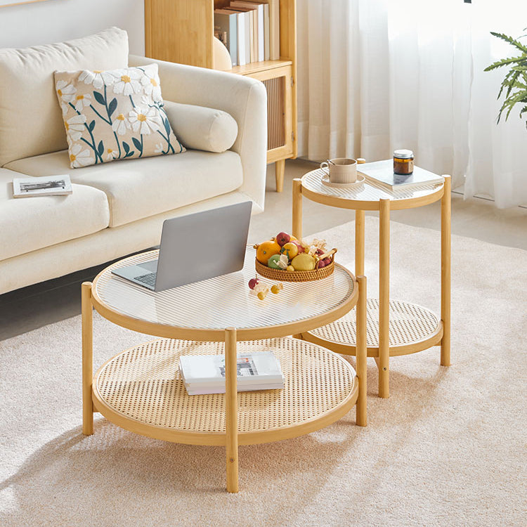 Wood 4 Legs Cocktail Table Round Glass Top Coffee Table with Shelf