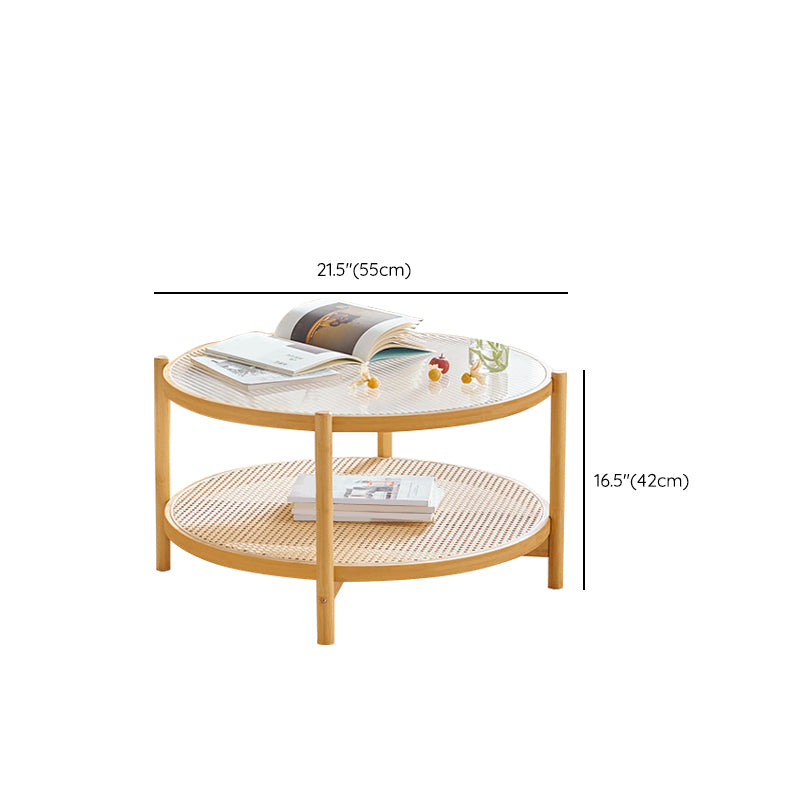Wood 4 Legs Cocktail Table Round Glass Top Coffee Table with Shelf