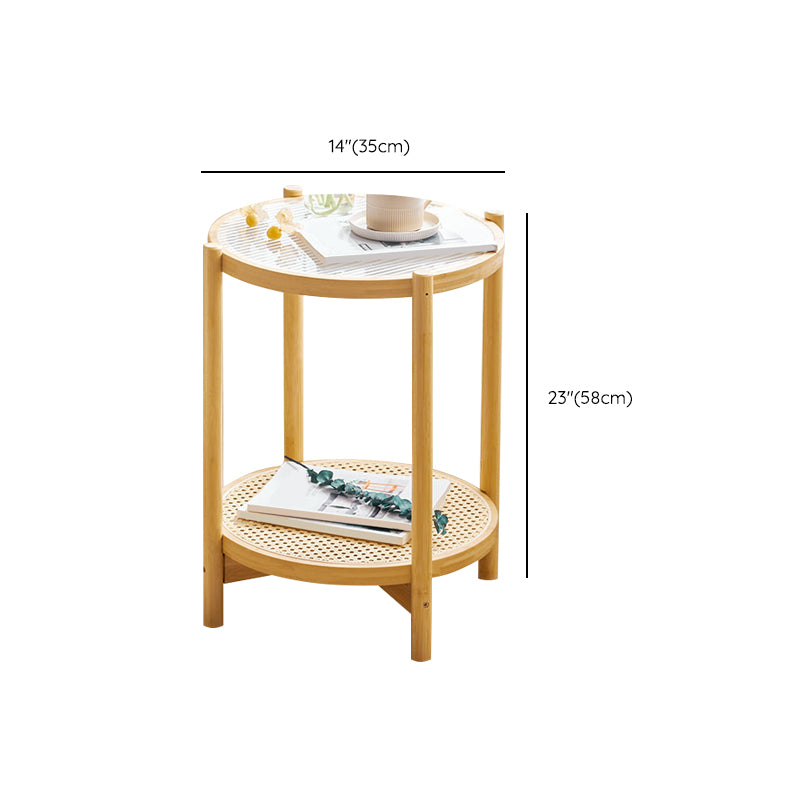 Wood 4 Legs Cocktail Table Round Glass Top Coffee Table with Shelf