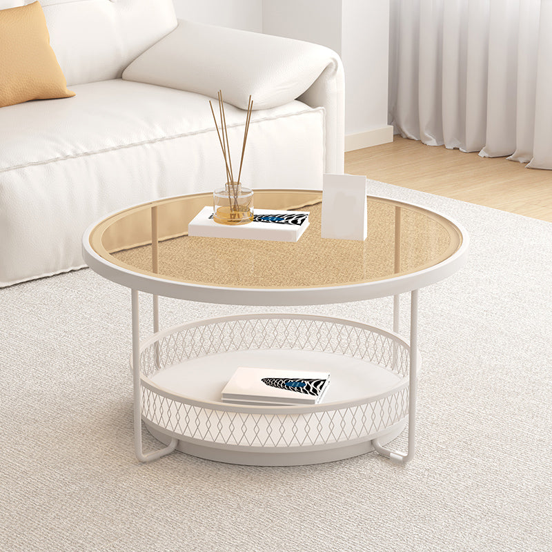 Iron 4 Legs Cocktail Table Round Glass Top Coffee Table with Shelf