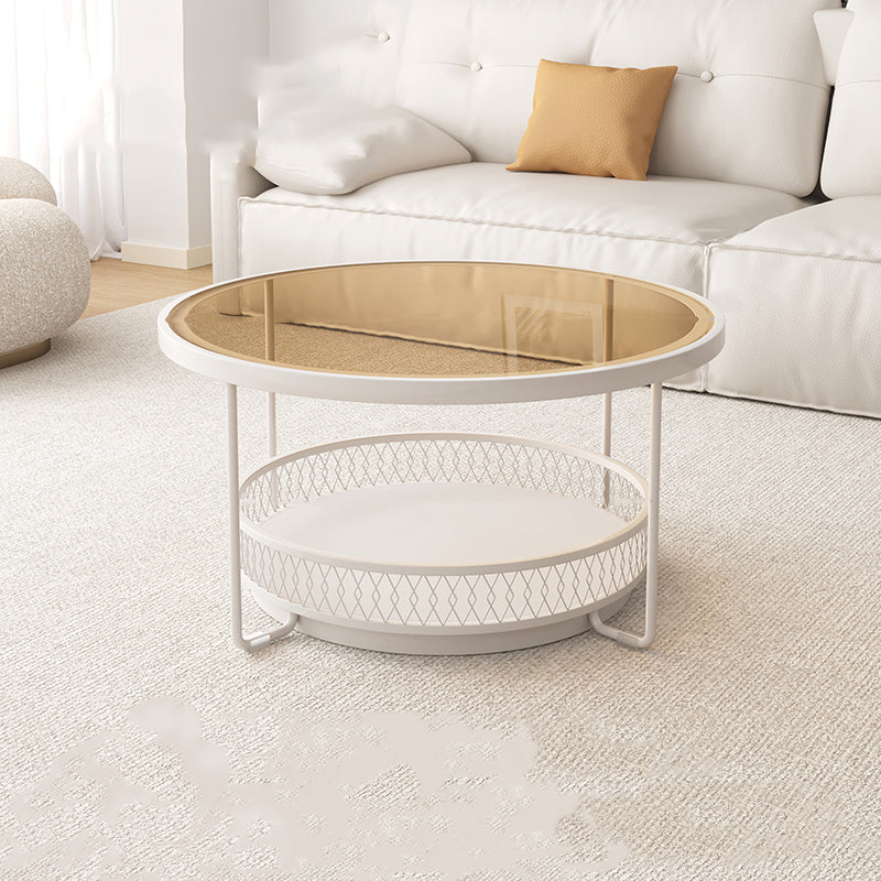 Iron 4 Legs Cocktail Table Round Glass Top Coffee Table with Shelf