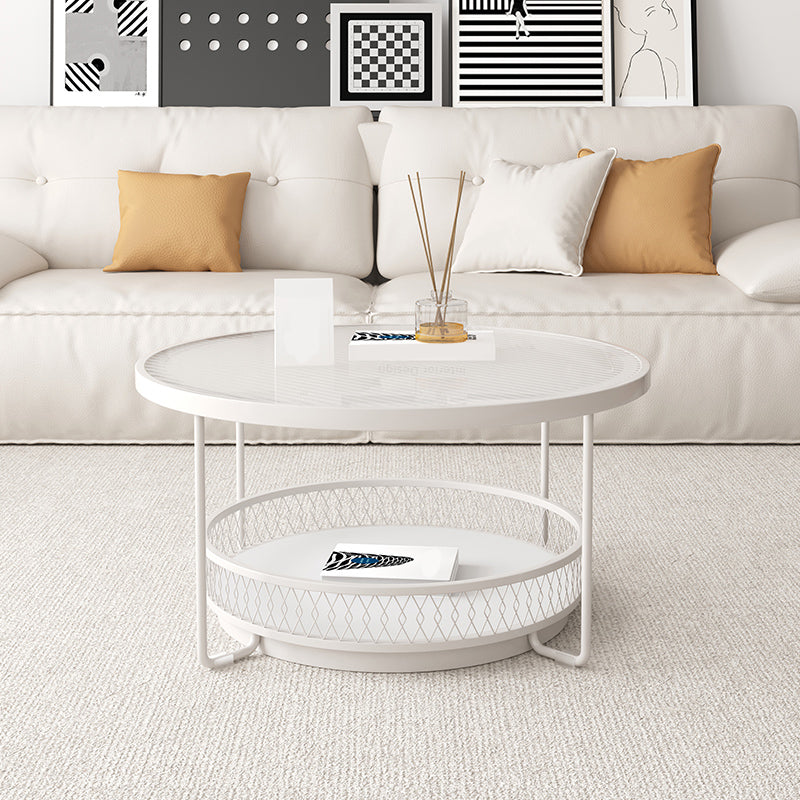 Iron 4 Legs Cocktail Table Round Glass Top Coffee Table with Shelf