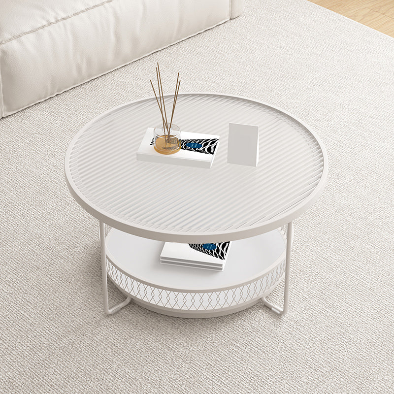 Iron 4 Legs Cocktail Table Round Glass Top Coffee Table with Shelf